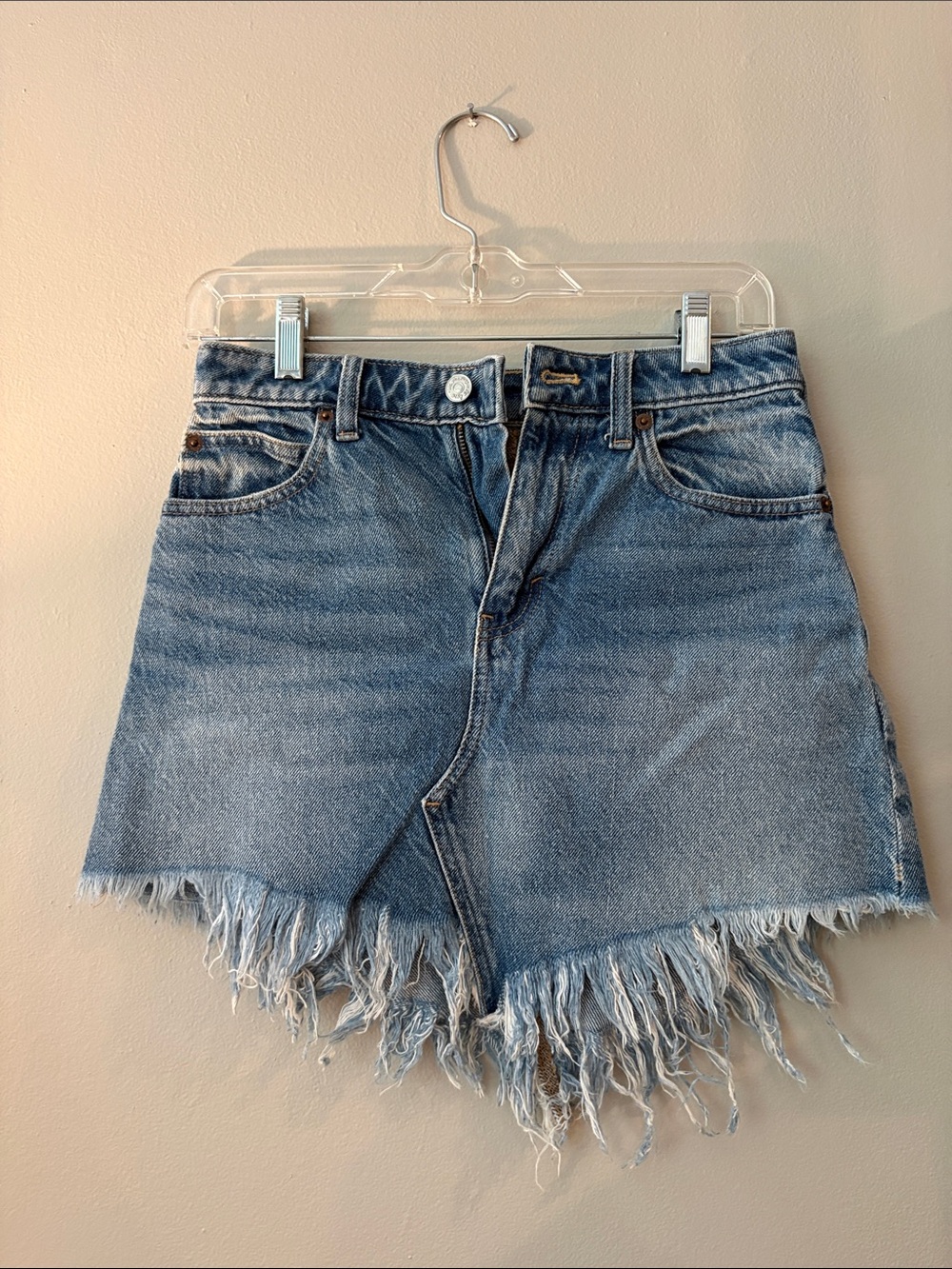 We The Free Blue Denim Mini Skirt with Script Waistband
